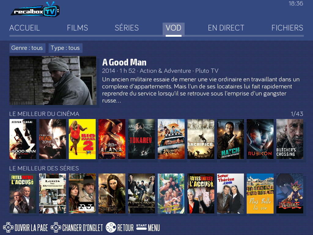 The VOD tab, here the Pluto TV catalogue