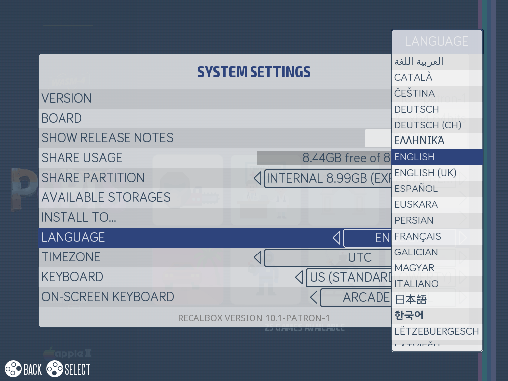Language selection in SYSTEM SETTINGS