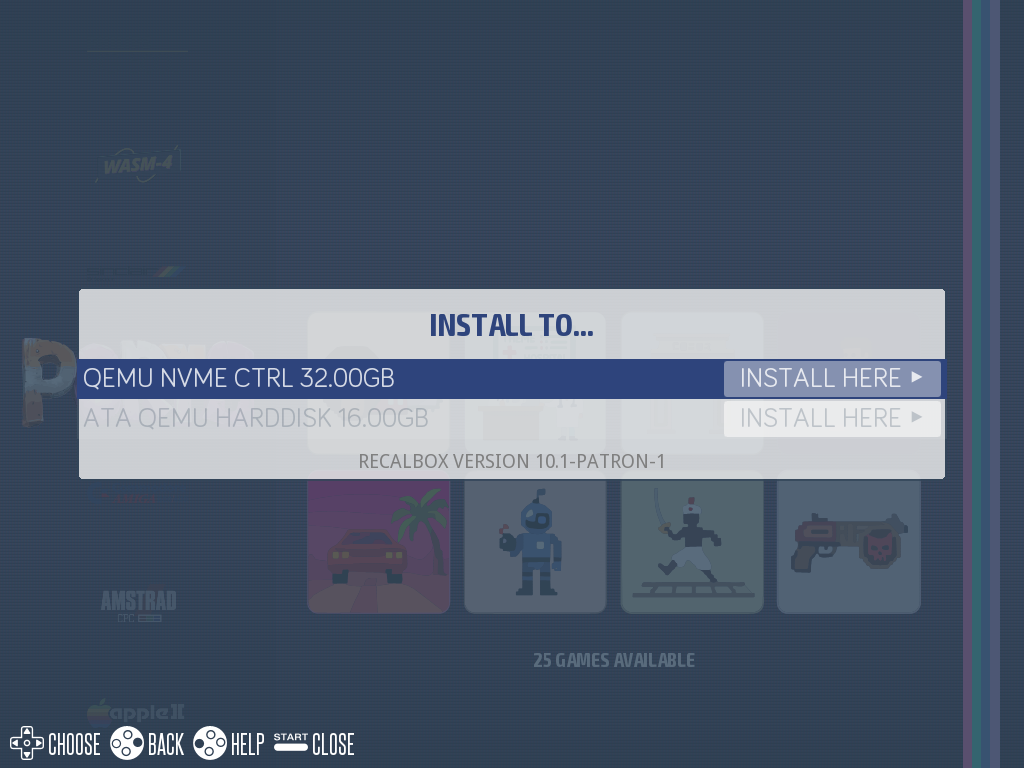 INSTALL TO menu with the list of detected disks