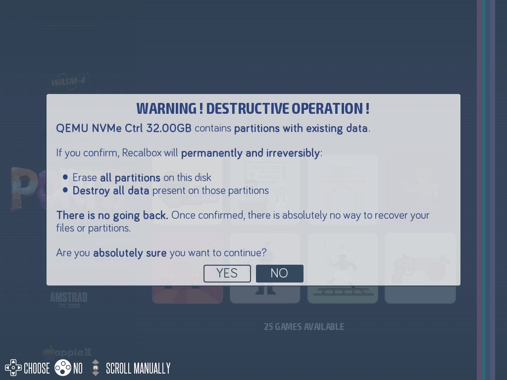 Warning: destructive operation on a disk containing data