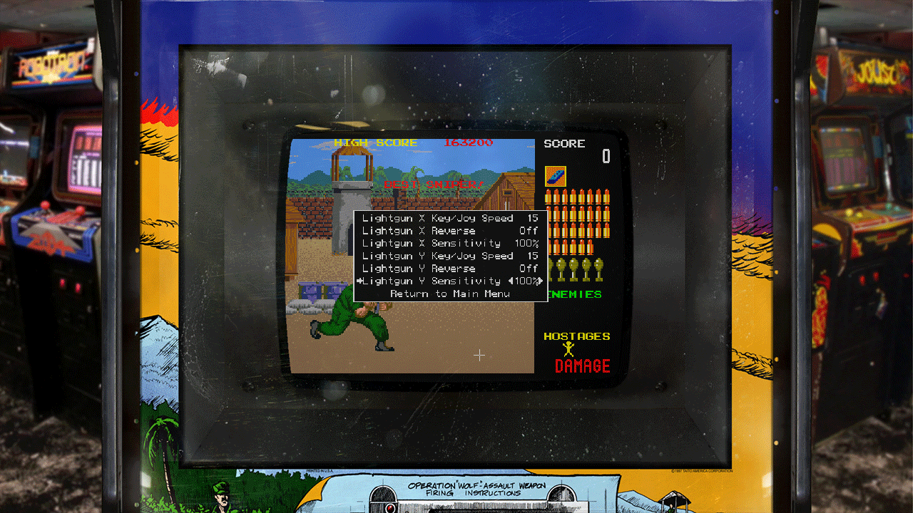 MAME 2003-Plus Analog Controls menu with Lightgun X and Y sensitivity set to 100%