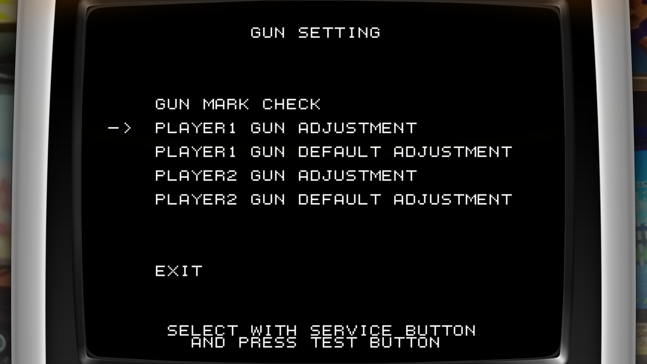 The GUN SETTING menu of the NAOMI TEST MODE with PLAYER1 GUN ADJUSTMENT