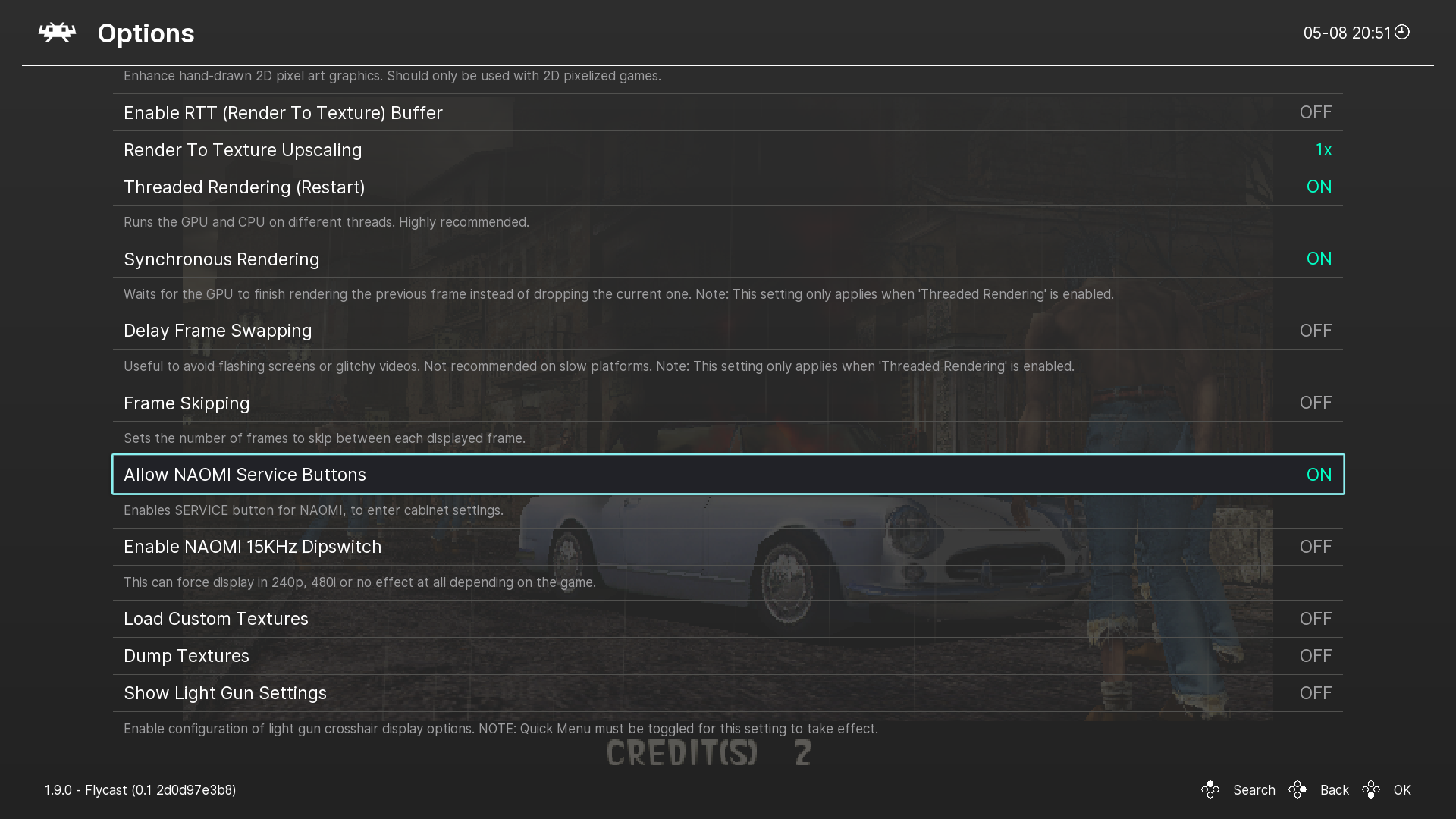 The "Allow NAOMI Service Buttons" option enabled in the Flycast core options