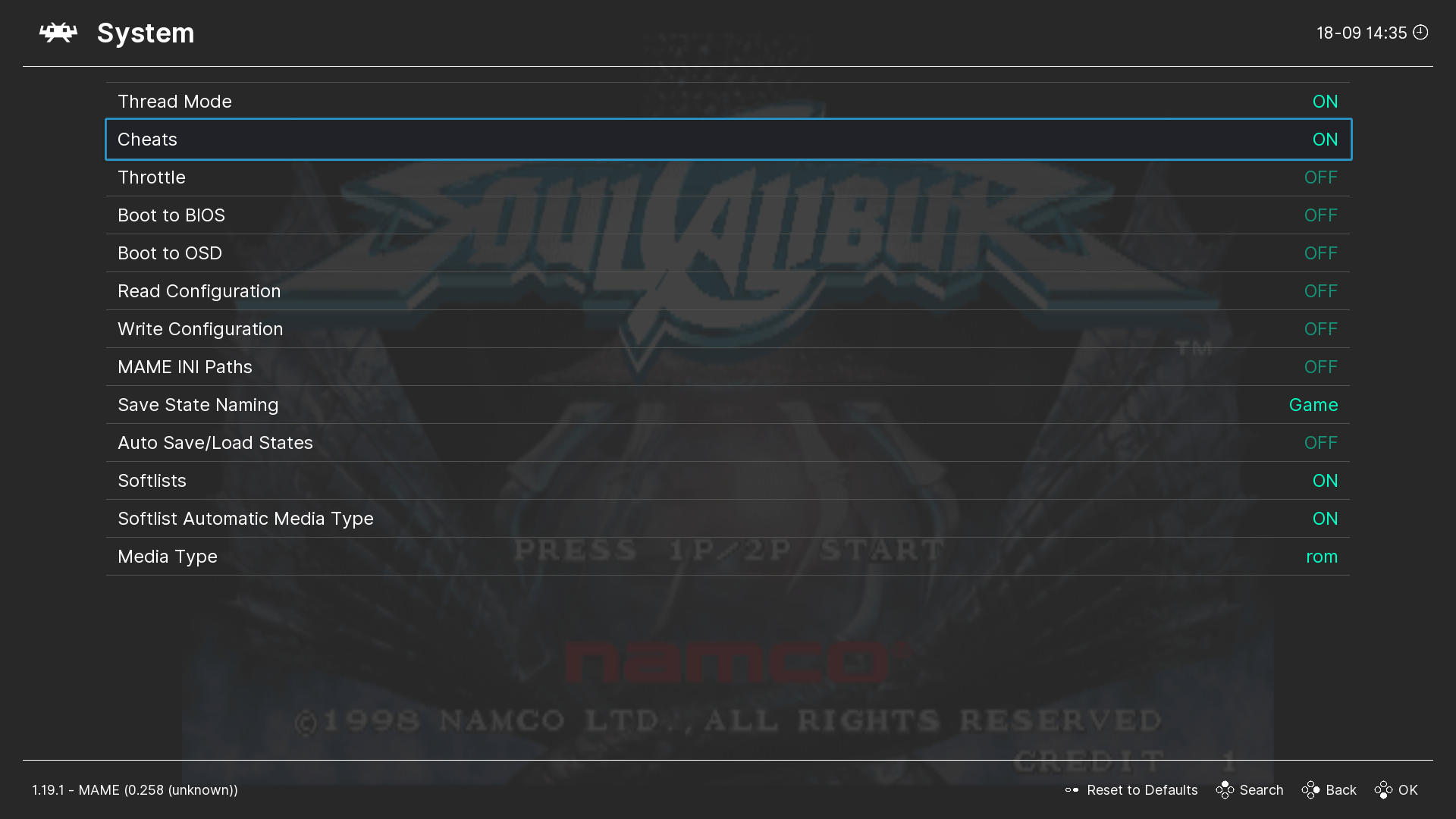 The "Cheats" option enabled in the System category of the MAME core options