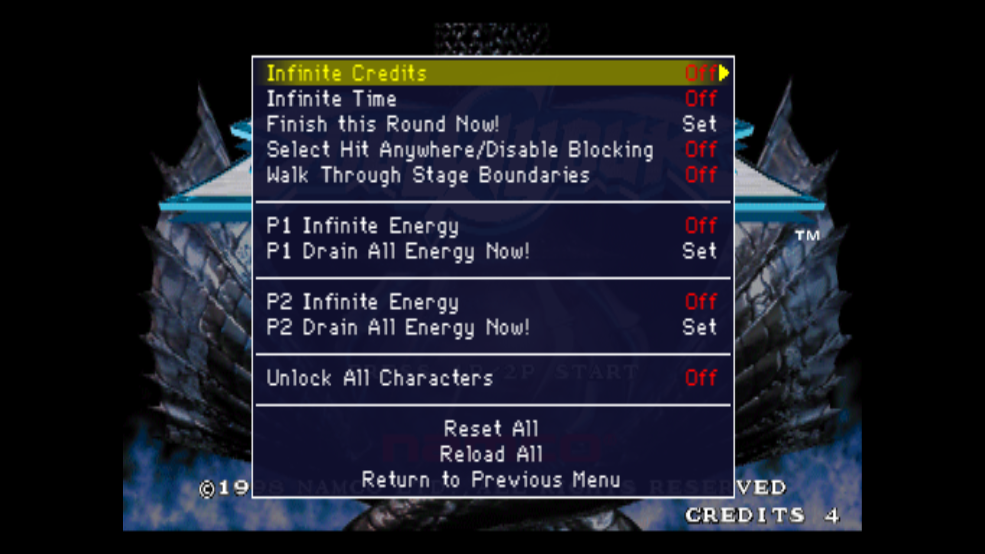 MAME's internal Cheat menu listing the codes available for the running game