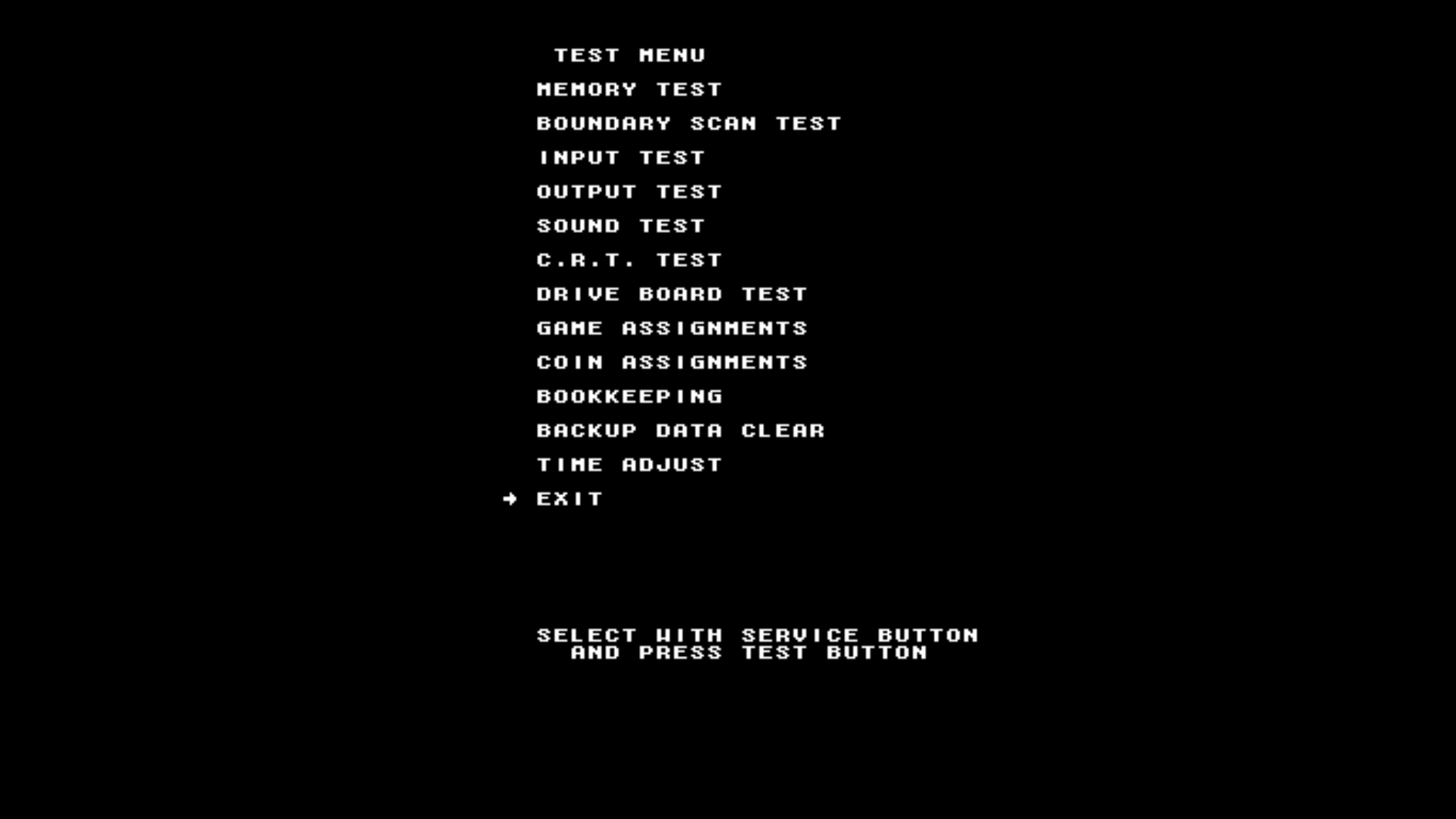 The TEST MENU of a Model 3 game, with the GAME ASSIGNMENTS entry