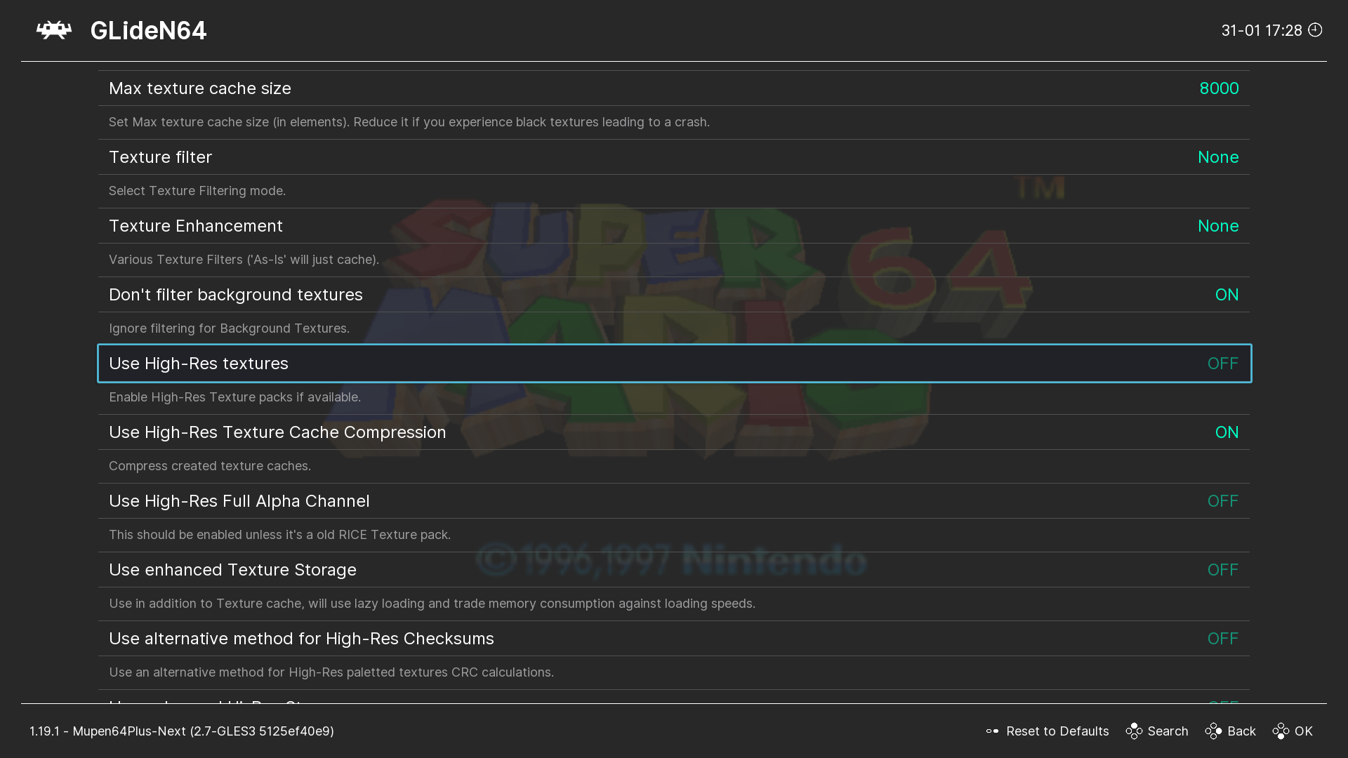 The "Use High-Res textures" option in the GLideN64 category of the core options