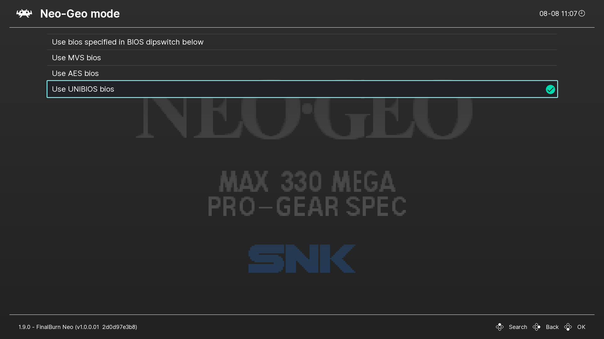 The "Use UNIBIOS bios" option selected in FinalBurn Neo's Neo-Geo mode