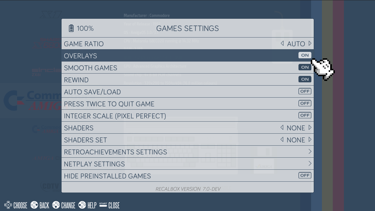 The RECALBOX OVERLAYS switch in EmulationStation's IN-GAME SETTINGS menu