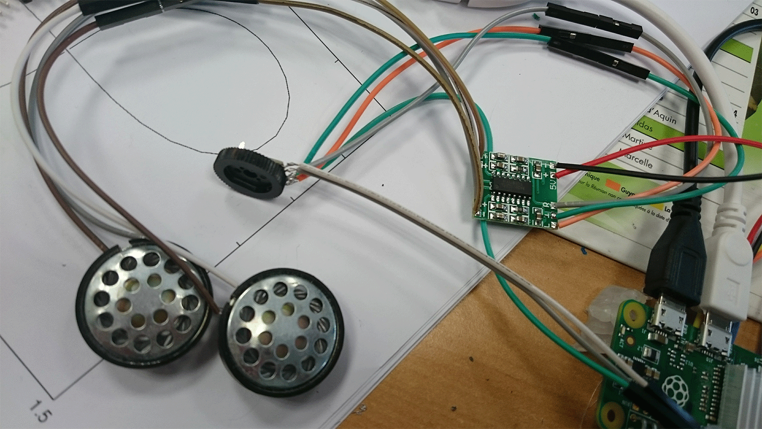 The small amplifier wired to the Raspberry Pi Zero and to two speakers