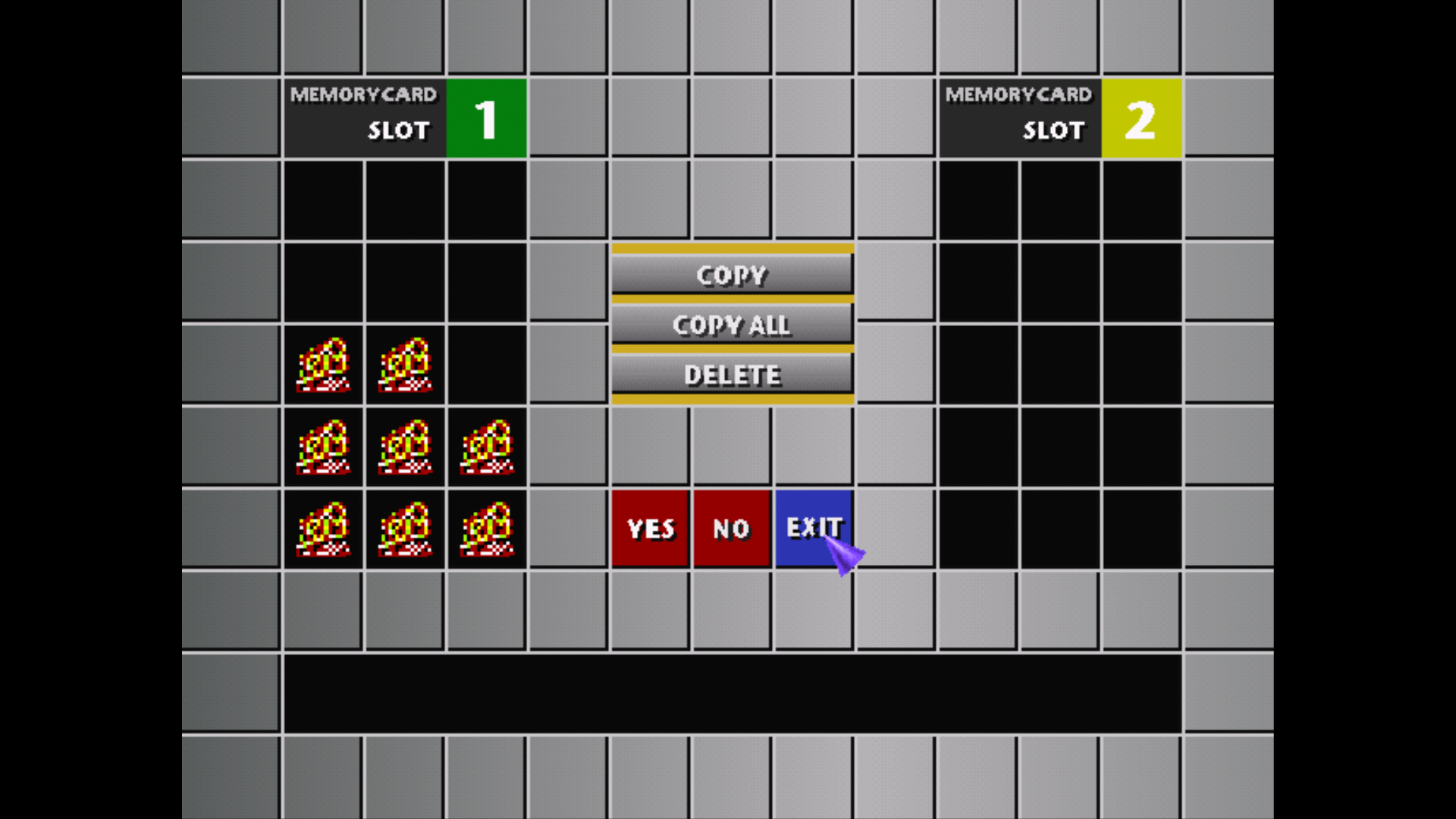 The PlayStation BIOS memory card manager showing slots 1 and 2