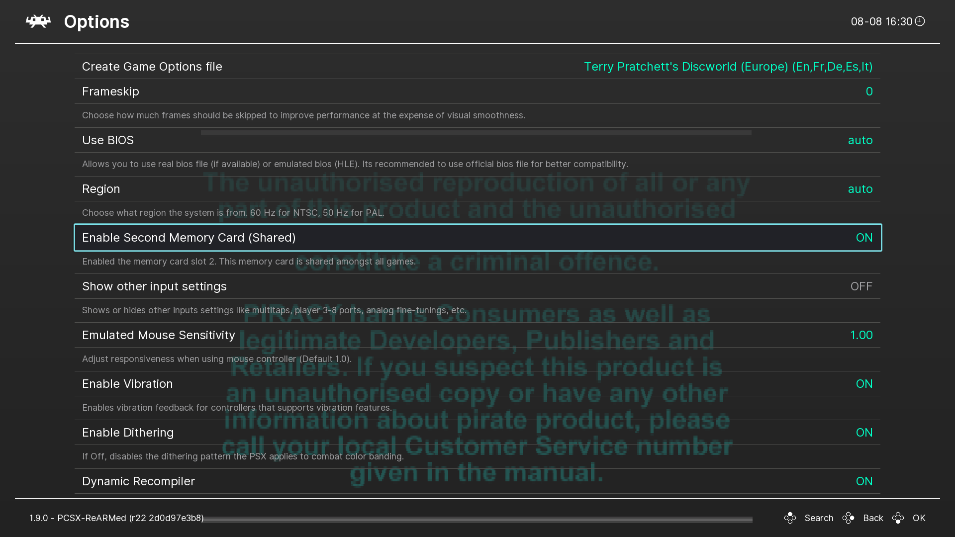 The "Enable Second Memory Card (Shared)" option enabled in the PCSX-ReARMed core options