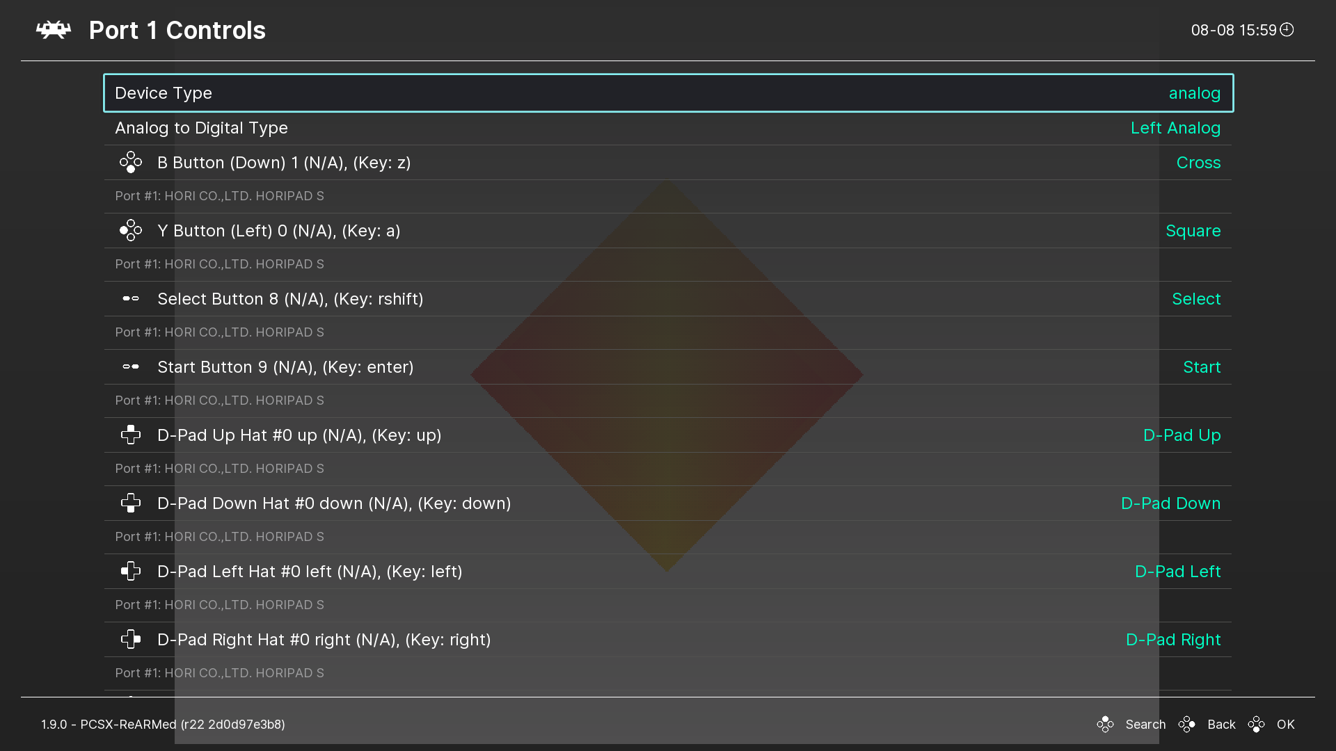 The "Device Type" setting switched to analog in the Port 1 controls