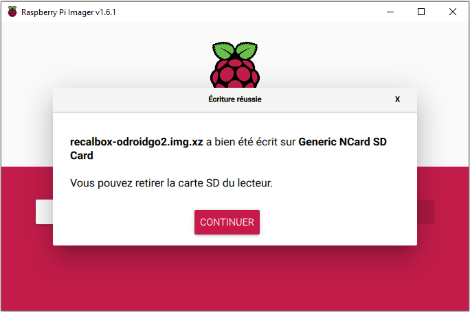 Raspberry Pi Imager confirming that the Recalbox image was written successfully to the SD card
