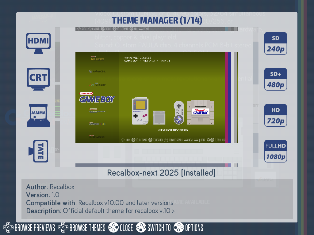 The theme manager, showing a theme with its previews and data sheet