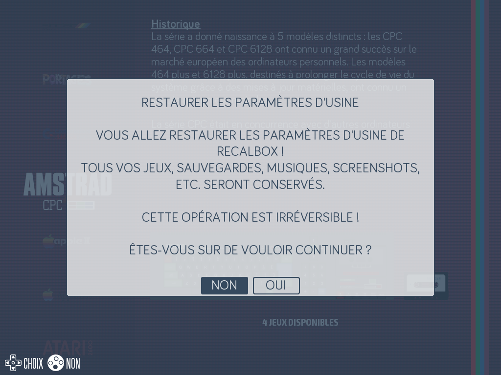 Factory reset menu