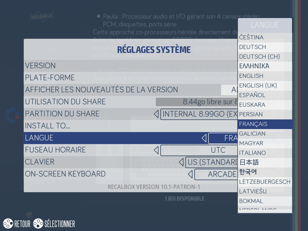 Choix de la langue dans RÉGLAGES SYSTÈME