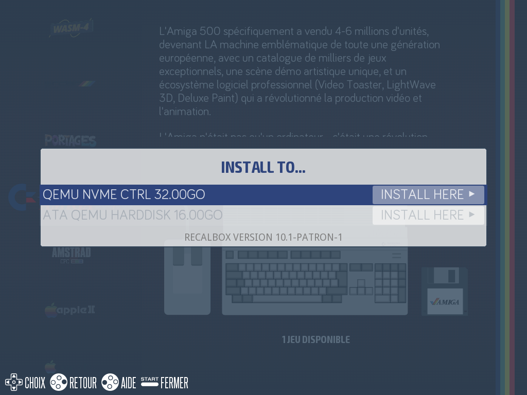Menu INSTALL TO avec la liste des disques détectés