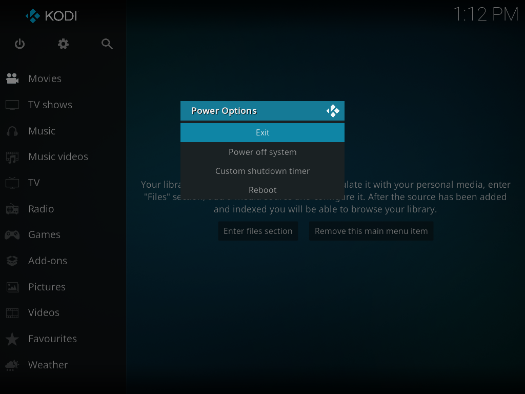 Kodi menu alimentation
