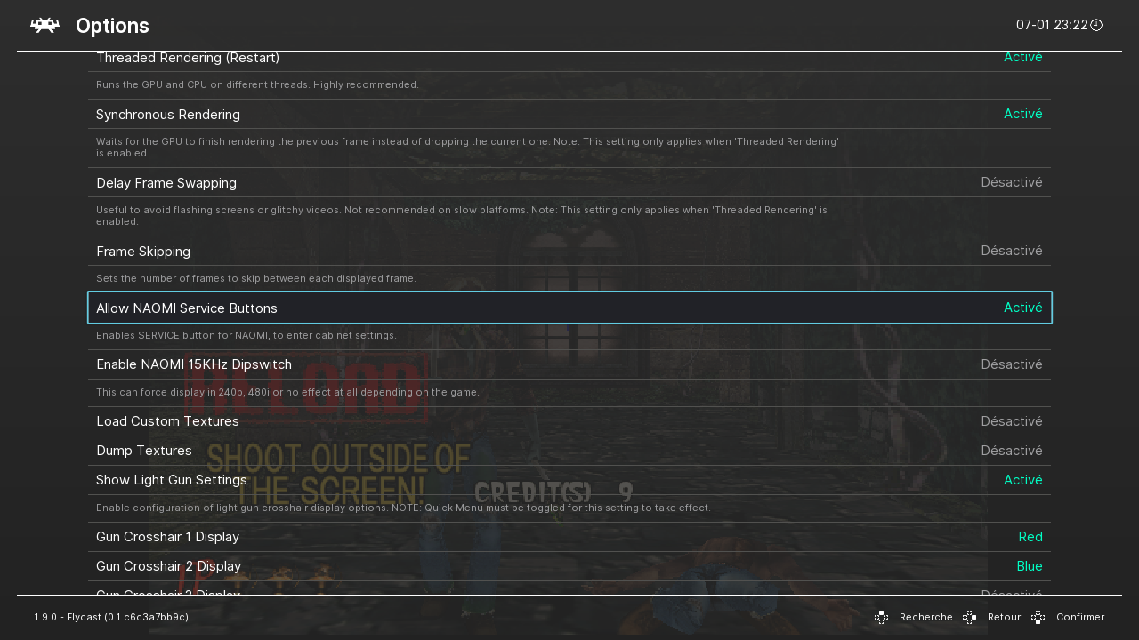 Option « Allow NAOMI Service Buttons » activée dans les options du core Flycast