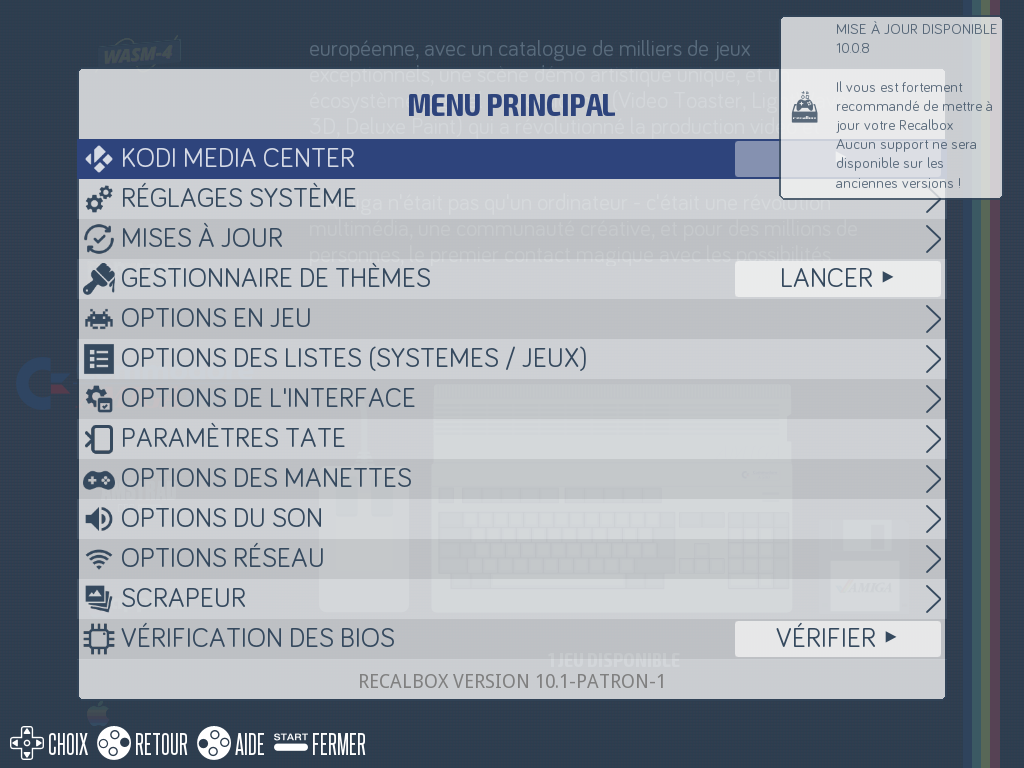 L'entrée MISES À JOUR du menu principal, avec la notification en haut à droite