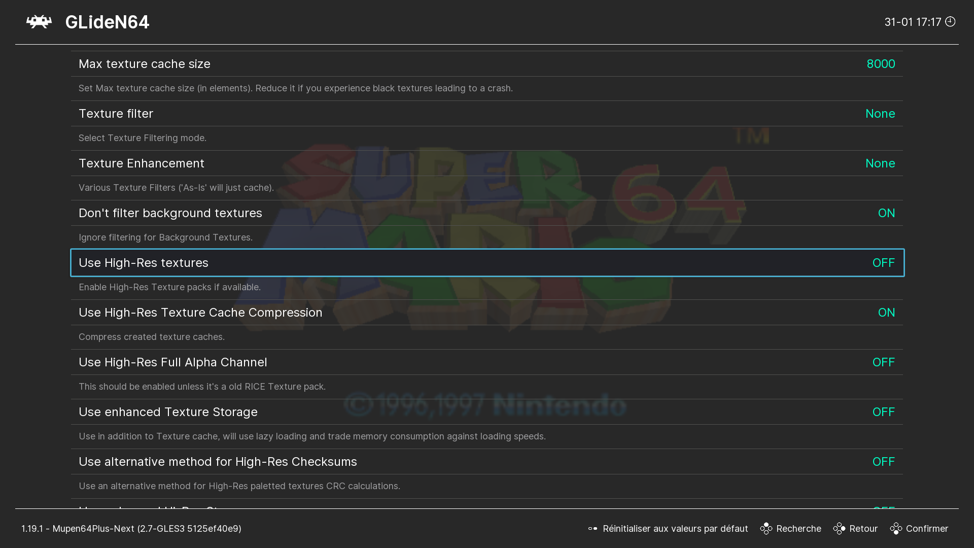 Option « Use High-Res textures » dans la catégorie GLideN64 des options du core