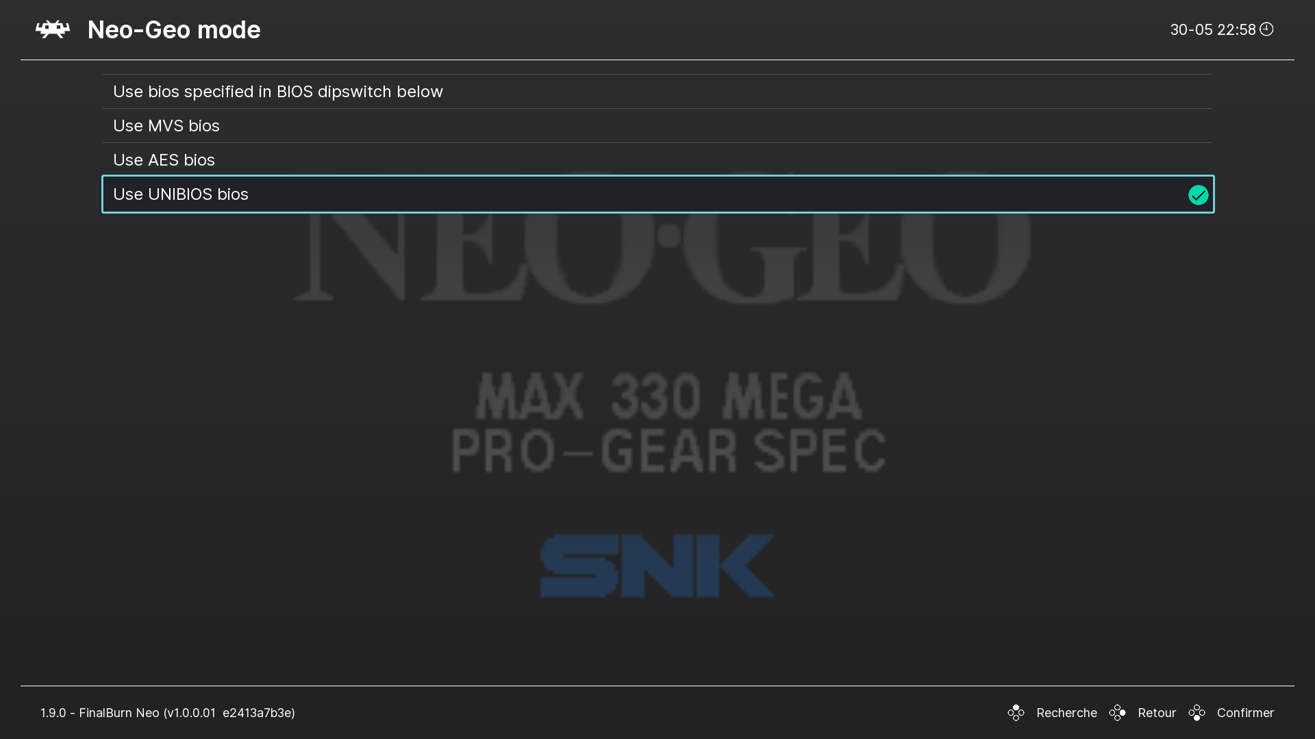 Option « Use UNIBIOS bios » sélectionnée dans le Neo-Geo mode de FinalBurn Neo