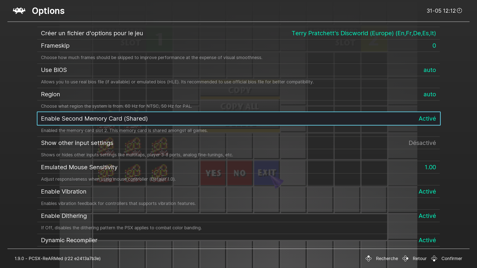 Option « Enable Second Memory Card (Shared) » activée dans les options du core PCSX-ReARMed