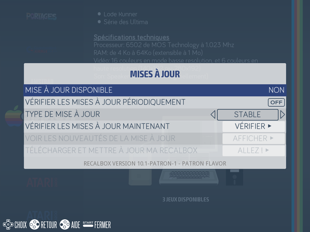 Le menu MISES À JOUR (la ligne TYPE DE MISE À JOUR n'apparaît que pour les patrons)