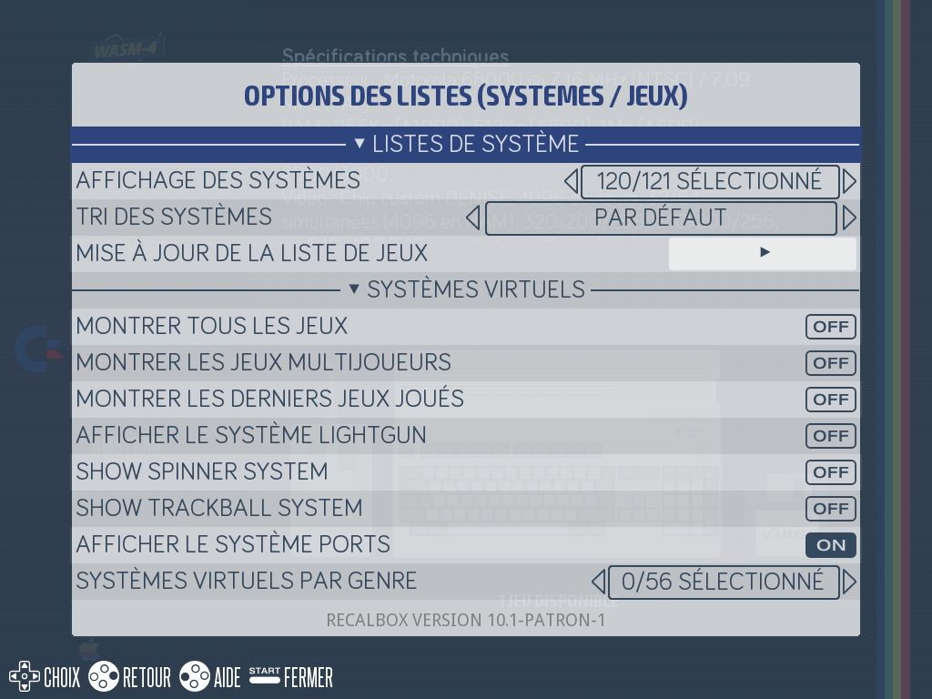 La section SYSTÈMES VIRTUELS des OPTIONS DES LISTES