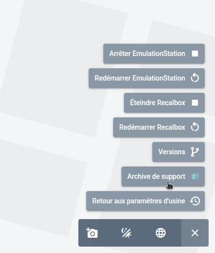 The web manager actions menu, with the support archive entry